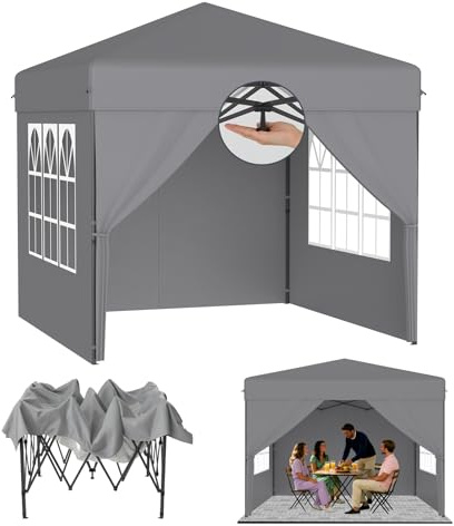 ACXIN Gazebo pieghevole 2,5 x 2,5 m con 3 livelli di altezza regolabile, tenda per feste con tetto argento-Oxford, gazebo da giardino con corde picchetti e borsa per il trasporto (grigio, con pareti