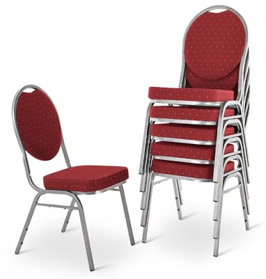 RABURG Vienna Stapelstuhl, 6er-Set, gepolstert, stapelbar, Silber/Rot | Belastbarkeit ca. 150 kg, robuster Stahlrahmen, für Gastronomie, Hotel, Konferenz und Events