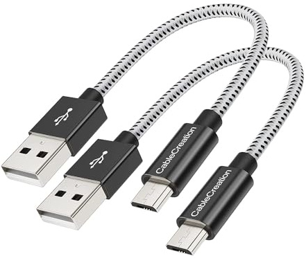 15cm Câble Micro USB, Lot de 2 CableCreation Câble Court Tressé USB A Mâle vers Micro B Mâle, Charge Rapide, Compatible avec Batterie Externe, Smartphone d’Android, Kindles etc., 0.5pied, Noir & Blanc