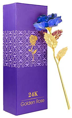 WeFoonLo Artificial Flor de Rosa de Oro de 24 Quilates. Rosa de plástico bañada en plástico con Caja de Regalo para el Día de la Madre, Día de San Valentín, Cumpleaños, Día de Acción de Gracias(Azul)