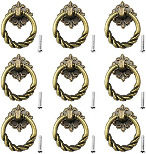 quiodok Dylan-EU 9 Stück Antik Schubladen Knöpfe Türgriffe mit Schrauben Vintage Schrank Schublade Ziehen Griff Schublade Tür Möbelknöpfe Küchenschrank Griff mit Schwingring - Bronze
