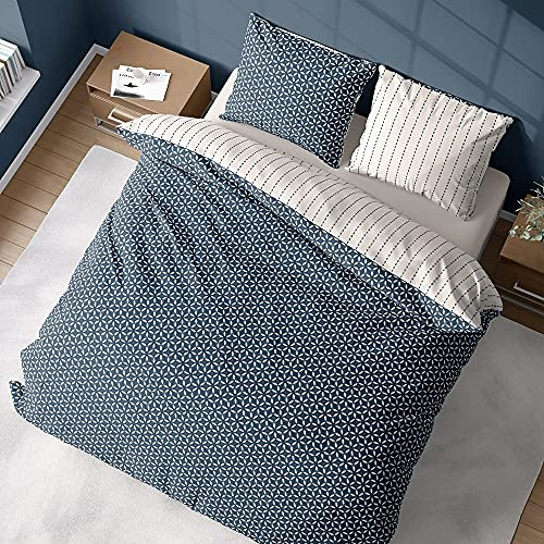 CÔTE DECO Bettwäsche-Set für Doppelbett, geometrisch, Blau und Weiß, 3-teilig | 1 Bettbezug für Erwachsene, 220 x 240 cm, 2 Kopfkissenbezüge 63 x 63 cm, 100 % Baumwolle