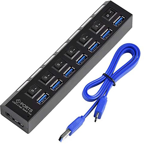 OcioDual Ladrón HUB USB 3.0 de 7 Puertos Negro Alta Velocidad con Interruptor de Encendido y Apagado para Windows, Mac Os, Linux, PC y Ordenador Portatil