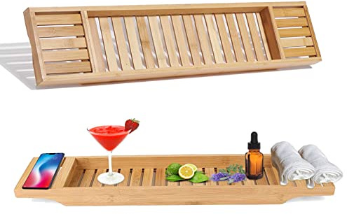 AAMEN Natural Wooden Over Bath Rack Bath Tray For Baththub Shampoo, Razors, Soap, Book, Tablet Storage Caddy Bathtub Storage Organizer Easy Installation