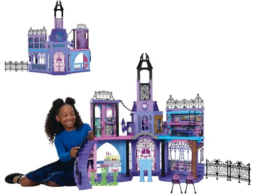 Monster High Casa de muñecas Haunted High School con 7 áreas de juego y muebles, +35 accesorios, 2 plantas y capacidad para 3 muñecas, juguete +4 años (HLP88), Violeta