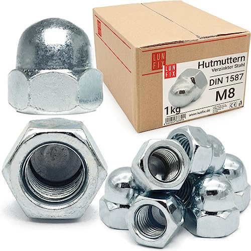 LUN FIX Hutmuttern M8 1 kg ca. 110 stk. Sechskant Muttern, Verzinkter Stahl | Kappenmuttern DIN 1587 Mit Metrischem Innengewinde, Für Gewindestange, Gewindebolzen, Schrauben Und Sichere Verschraubungen