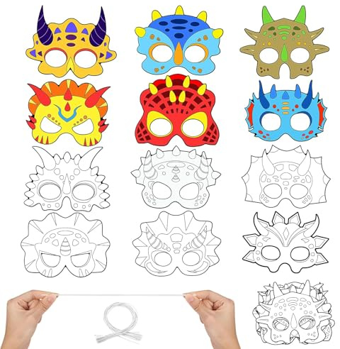 Hifot DIY Tiermasken für Kinder Dinosaurier Maske Blanko Bemalen Kinder Masken zum Bemalen Tiermasken zum Ausmalen für Kinderparty Spiele Bastelset Kindergeburtstag Basteln (12 Stücke)