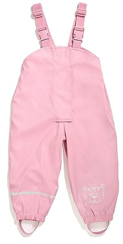 Regnbyxor för barn | fodrade med fleece | Öko-Tex | vindtätt | vattentäta | elastiska axelremmar | barn regnbyxor för pojkar och flickor, ROSA, 86-92