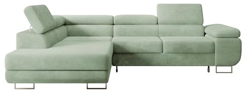 Selsey STEVIL - Ecksofa L-Sofa mit Schlaffunktion, Bettkasten, Ottomane links, Cordbezug Salbeigrün