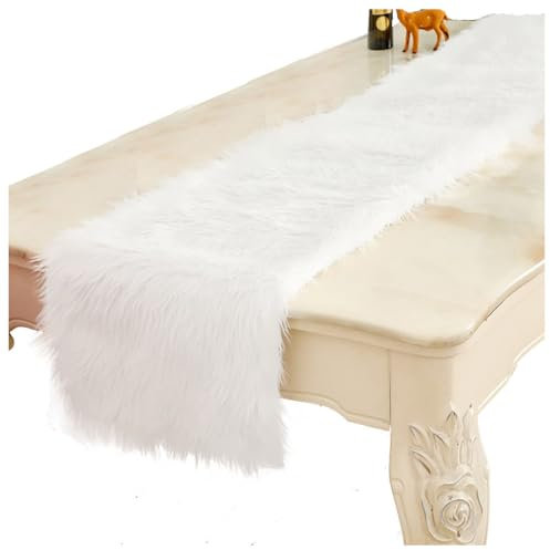 Wisafory Tischläufer Weiß Kunstfell Tischband Tischdecke Tischdeko Tischwäsche Winter Deko Fell Tischläufer Esstisch Schminktisch Deko für Weihnachten, Hochzeit, Oster 38 x 183 cm
