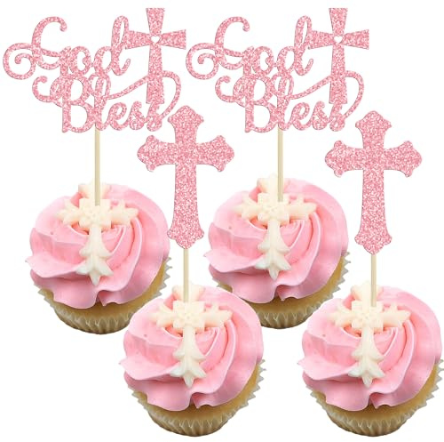 Gyufise 24Pcs God Bless and Baptism Cupcake Toppers Glitter Cross God Bless Cupcake Picks for Christian First Communion Baptism Party Cake Decorations Supplies Pink