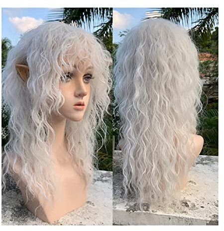 yixinzi-2024 Peluca Pelo sintético Peluca Blanca Pura con Flequillo Peluca rizada Ondulada Larga Mujer Cosplay Lolita Chica Peluca Blanca con Flequillo Peluca Suave Resistente al Calor Peluca Hombre