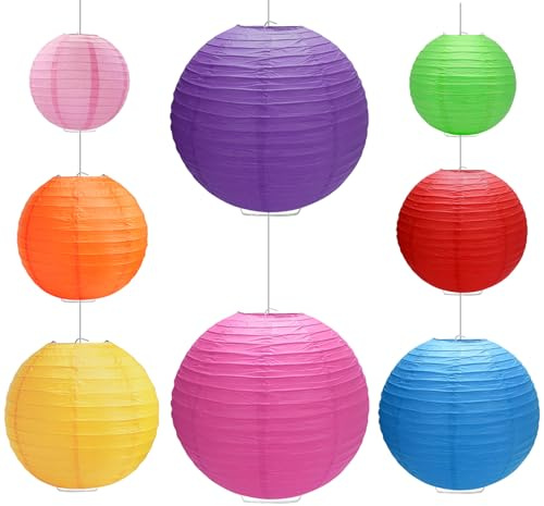 WEDAMOO 16 faroles de papel, linternas de papel redondas coloridas de diferentes tamaños con varillas de alambre, adecuadas para bodas, jardines, festivales, fiestas de cumpleaños, reuniones