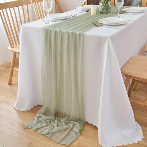 DecorMommt Tischläufer Hell Salbeigrün Chiffon Dekostoff Tischläufer Hochzeit Tischdecke Tischdeko Läufer Tisch Modern Tischband deko für Geburtstage Hochzeiten Esszimmer Party
