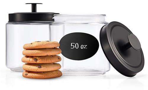 KooK Glass Kitchen Canister Set, Food & Storage Containers for Pantry, Bathroom Apothecary Jars, Tinplate tight Lids, Counter Organizers, 50 oz, Black, Set of 2
