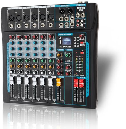 Audio Mixer Professionale a 6 Canali per Streaming Con Effetto 16 DSP, Interfaccia USB e Phantom Power da 48 V - Stereo DJ per PC Recording/DJ Palcoscenico