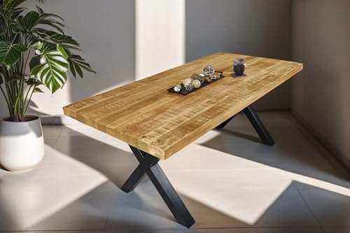 SAM Esstisch Libro 160x85 cm Mangoholz gerade Kante X-Gestell schwarz | Esszimmertisch massiv, raue Oberfläche, Metallgestell