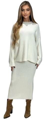 Mississhop 395 Damen Strickset mit Pullover Rock Strickpullover Strickrock Beige