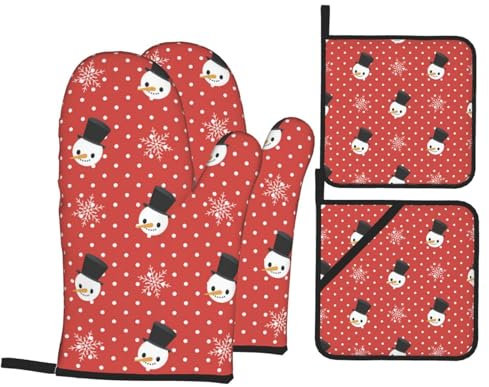 Ofenhandschuhe und Topflappen-Set, Weihnachtsschneemann und Schneeflocken, hitzebeständig, Küchen-Backhandschuhe, rutschfeste Oberfläche zum Kochen, Backen, Grillen, Grillen