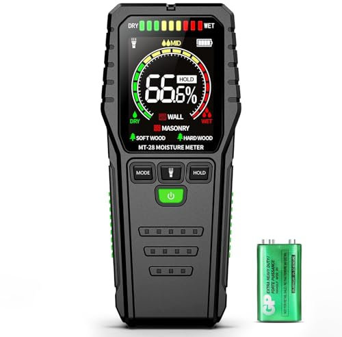 Feuchtigkeitsmessgerät für Wand & Holz – Zerstörungsfreies Feuchtemessgerät und Feuchtigkeitsmesser mit Batterie für Brennholz, Putz, Decke, Boden und Baustoffe