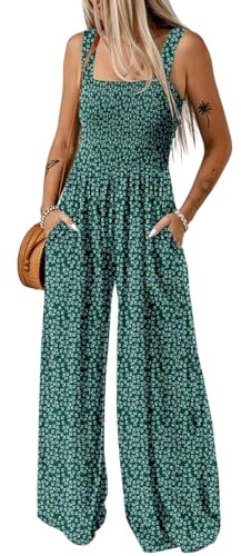 Dokotoo Combinaison d'Été sans Manche pour Femme Pantalon Salopette Motif Floral avec Poches Combishort Chic et Élégant, vert, M