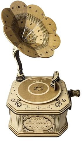 WANENGEDIY Wooden Retro Gramophone Music Box Puzzles, 3D Handcrafted Model, Creative Assembly Decoration, 100+Pieces, Hand-Cranked Version