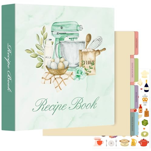 Lanpn Rezepte Ordner 3 Ringen für Kochrezepte, Kochbuch Selbst Schreiben, Leder Recipe Binder Rezeptordner mit 8 Trennblättern und 2 Aufklebern, DIY Rezeptbuch zum Selberschreiben, Grün, Englisch