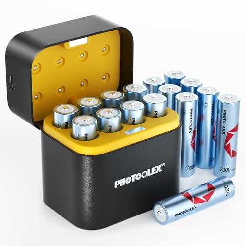 PHOTOOLEX Wiederaufladbare Lithium Akkus AA 16-Pack mit Ladegerät, 3000 mWh Hohe Kapazität 1,5 V Ausgangsspannung aa Batterien, Doubel A li-ion akku mit integrierter Lade- und Aufbewahrungsbox