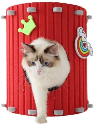 SSDHUA Wine Barrel Shaped Felt Cat Bed Foldable Pet Hole Hiding Bed Wear-Resistant and Scratch-Resistant Pet Bed Indoor Cat Bed for All Seasons (Red, L)