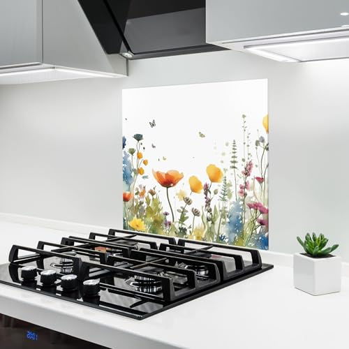 ARTHUB® Glass Kitchen Splashback 60x60 cm, Tempered Glass 4mm | Heat Resistant, Stove Splash Guard, Wall Protector, Landscapes, Watercolor Spring Flowers