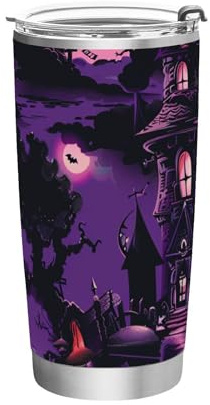 siphylline Tazza da viaggio per caffè caldo in acciaio inox, motivo casa gotica gigante, viola, Halloween, per scuola, sport, asilo nido, campeggio e altro, a prova di perdite, 590 ml