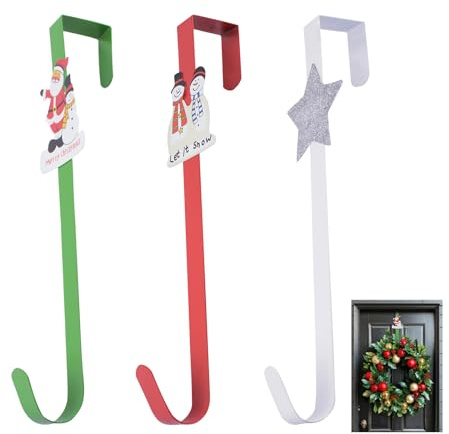 INCREWAY Kranzaufhänger für die Haustür, robuste Türhaken, für drinnen und draußen, Stahlkranzhalter für Weihnachten, Feiertage, zerkratzt keine Türen (Rot, Grün, Weiß), 3 Stück