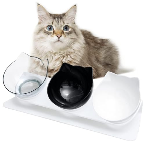 Ciotole rialzate per gatti 3 pezzi 15° Antivomito – Base antiscivolo, ciotole rimovibili, design con orecchie di gatto, per croccantini/paté/acqua, per gattini e gatti adulti(Bianco)