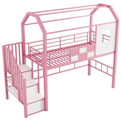Metall Hochbett mit Dachkonstruktion und Treppe mit integriertem Stauraum, platzsparendes Hausbett mit sicherem Geländer, stabiler Rahmen, integrierter Leiter und 21 Lattenrosten (Rosa,90x200cm)