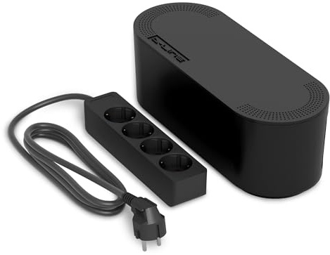 D-Line Kabelbox mit 4-Fach Steckdosenleiste 2 m, Kabelmanagement Box zur Kabelaufbewahrung, Kabel Organizer für TV & Schreibtisch – Klein, Schwarz