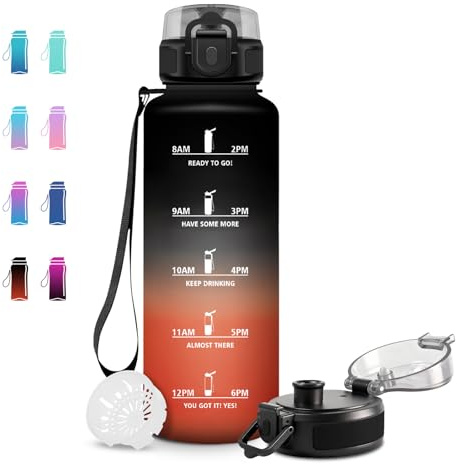 JAPORIA Trinkflasche 1.5L, Wasserflasche mit Zeitmarkierung, BPA-frei, Trinkflasche mit Filter für Fitness, Fahrrad, Büro, Schule, Outdoor