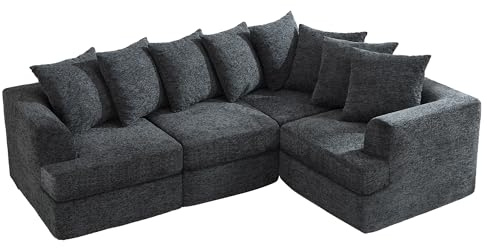 LUXOAK 226cm L-Shaped Chenille Sofa, Modern Corner Sofa Couch for Living Room, Modular Sectional Sofa with Tool-Free Assembly, Deep Seat Lounge Sofa, Grey