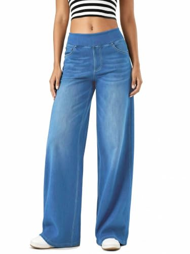 High Waisted Flattering Stretchy Wide Leg Loose Fit Baggy Jeans for Women | Stretch Pull On Straight Leg Slimming Tummy Control Comfy Denim with Multiple Pockets High Elasticity Fashion Casual Jeans