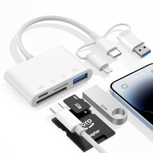 Dalimee 4-in-1 SD-Kartenleser, USB-C/USB/Lightning für iPhone, iPad & PC | SD Kartenleser mit SD, Micro-SD/TF, USB-A- und USB-C-Ladeanschluss, Plug-and-Play für iPhone 15/16/17/iPad/MacBook/Laptop