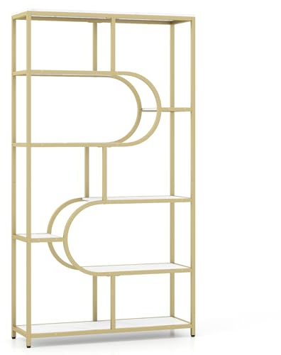 CASART 8/10-Tier Bookcase (White + Gold, 95 x 30 x 176cm, 10) | Metal Frame Tall Etagere Bookshelf with Open Storage Compartments, Industrial Display Shelf Unit for Living Room Office