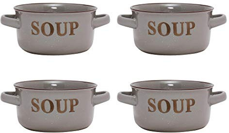 Set of 4 Ceramic Grey Stoneware Soup Bowl Dishes with Handles