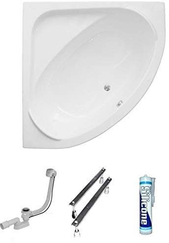 ECOLAM® symmetrische Badewanne Eckwanne Standard Polimat 140x140 cm Acryl weiß Ablaufgarnitur Ab- und Überlauf Automatik Füße Silikon