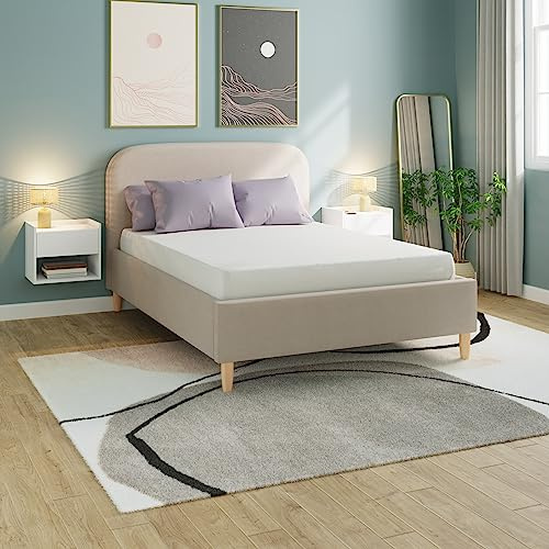 GFW Florence Ottoman Bed Frame, 4ft6 Double Natural Mushroom Boucle Fabric Bed with Gas Lift Storage Base, Upholstered Bedroom Furniture