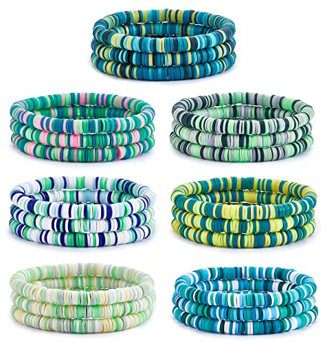 LEGENTLISUR 21 Pièces Ensemble De Ensemble De Bracelets En Argile Cadeau De Bracelet En Argile Bracelet Extensible Surfeur Ensemble De Perles Heishi Pour Femme（Système Vert）