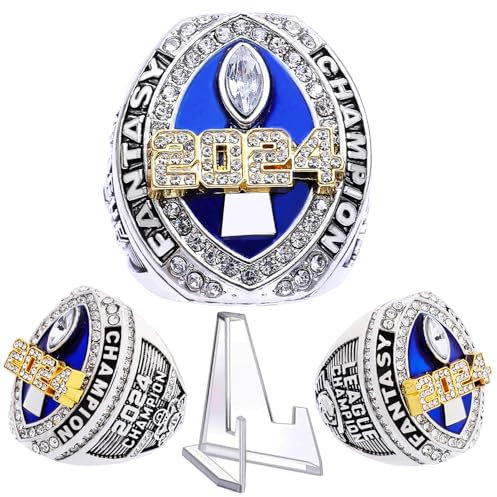noblehead 2024 Fantasy Football Championship Ring | Heavy FFL Champion Ring | Gold Silber Tone Plated Award Trophy for Fantasy Football League Winner (Ring and Stand Together, Size 14)