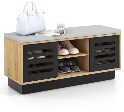 HOMASIS Panca Scarpiera con Cassetti, Portascarpe Ingresso con Seduta Imbottita, Scarpiera con 3 Ripiani Regolabili e 2 Ante Scorrevoli, Panchetta in Legno per Corridoi, 99,5 x 34,5 x 46 cm (Naturale)