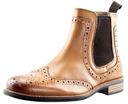 Men's Leather Brogue Chelsea Ankle Boots with Twin Gussets, Slip-On (Tan, UK Footwear Size System, Adult, Men, Numeric, Medium, 9)