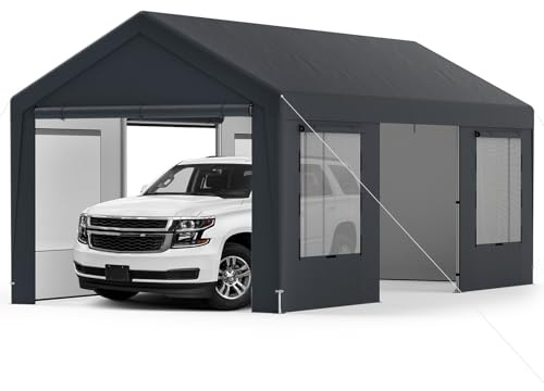 COSTWAY Abri de Voiture 595 x 300 cm Extérieur, Tente de Garage avec 8 Parois Latérales Amovibles Portes Enroulables Fenêtres Ventilées Bâche Imperméable, pour Camions Bateaux