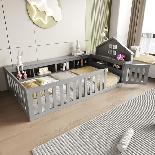 TOBIDOEN Kinderbett Bodenbett 90 x 200 cm mit Stauraum, reichlich Staufächern, Rundum-Sicherheitsschutz mit Sicherheitsgitter und Türchen, Massivholzbett mit Dachleiste und Fenster, B-Grau