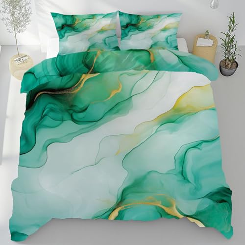 Lwznbio Motif Marbre Housse de Couette 240x260 cm Été Doux Dégradé Aquarelle Vert Parure de Lit Adulte avec Zippée, Linge de Lit Microfibre Respirant + 2 Taie d'oreiller 65x65 cm